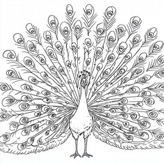 Obraz premium Black and White Line Art of a Beautiful Peacock with Feather Display
