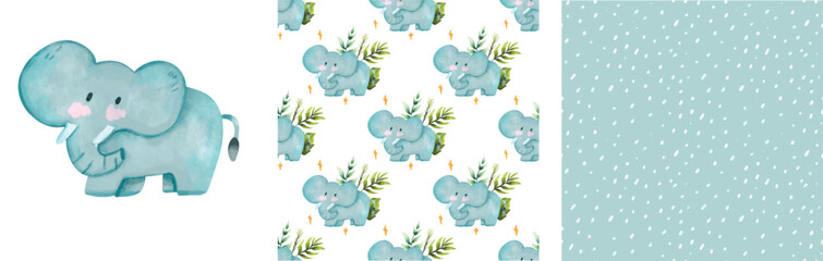 Watercolor Elephant pattern set,  Cute polkadot seamless pattern , Charming watercolor drawing of a blue elephant with leaves, Ideal for baby showers