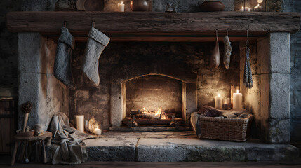 Cozy Fireplace Scene with Christmas Stockings and Candlelight