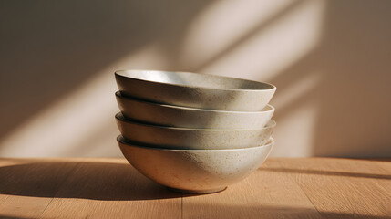 Stack of four handcrafted ceramic bowls, illuminated by soft natural light, casting elegant shadows on a wall. A minimalist and serene composition for kitchen decor