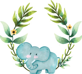 Watercolor elephant frame safari animals for invitation card, nursery poster,, tropical illustration for nursery wallpaper, set of cute animals in watercolor style. african wild animal isolated