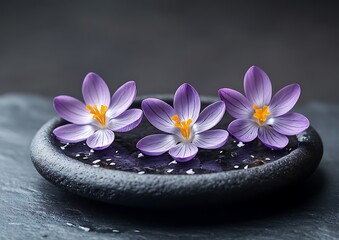 Three delicate purple flowers on a dark stone plate