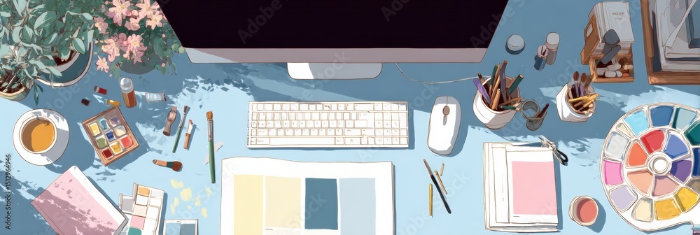 Poster creative portfolio design process laid out on a desk with tools, colors, and layout software ready f