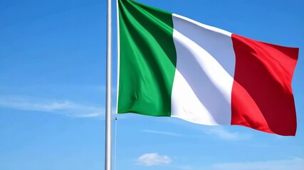 Italian tricolor flag waving against a bright blue sky, symbol of national pride with green, white, and red colors fluttering freely on a pole. - Powered by Adobe