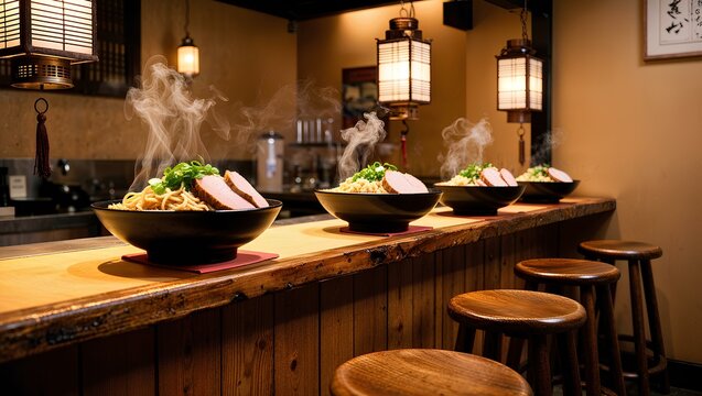 A cozy ramen bar with wooden stools, a low-lit atmosphere, and bowls of steaming noodles - Powered by Adobe