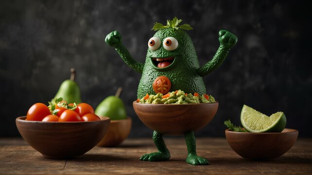 A dancing avocado with arms and legs, enjoying a salsa party