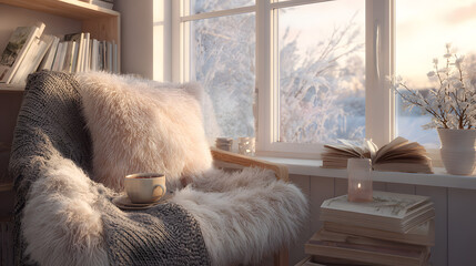 A cozy reading nook with a warm blanket and hot drink by a window overlooking a serene, frosty winter landscape.