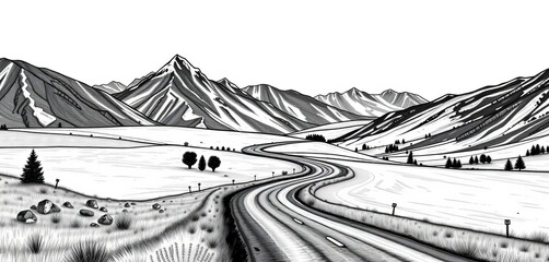 Hand-drawn black & white mountain scene; winding road leads through open fields,  line art,  road