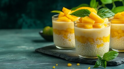 Delicious creamy mango sago dessert with mango in glasses on white table, closeup