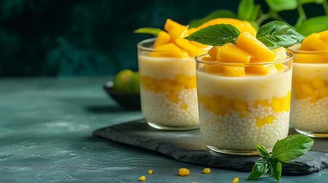 Delicious creamy mango sago dessert with mango in glasses on white table, closeup
