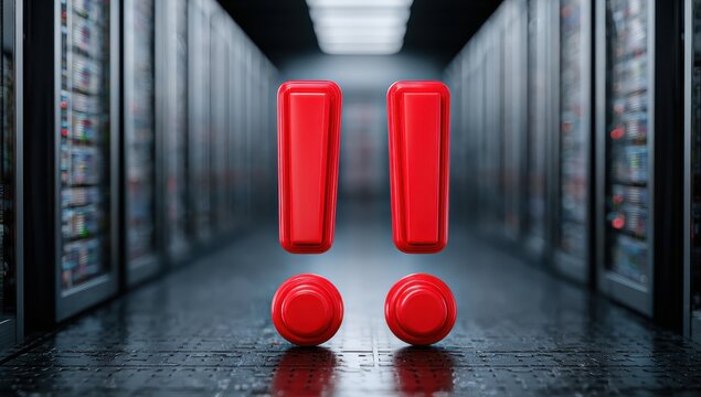 Red exclamation points in server room