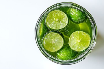 Overhead View of Lime Cheong in a Glass Jar on White Background, Korean Citrus Syrup
