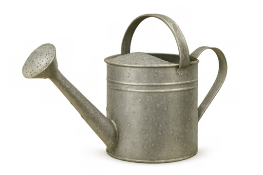 Classic metal watering can covered with water droplets, isolated on transparent background, perfect for gardening and plant care projects