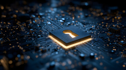 Advanced hardware security with a glowing keyhole on a computer processor chip. Cybersecurity and data protection technology concept.