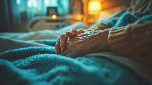 Vulnerable elderly hands resting gently on a soft textured blanket, close-up