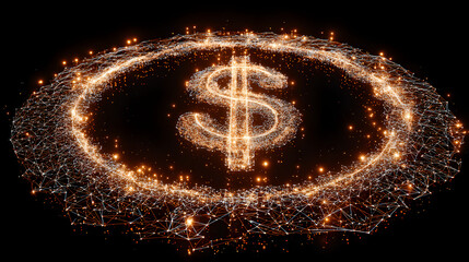 Glowing digital dollar sign symbol in a futuristic network grid representing fintech, cryptocurrency, and global finance innovation.