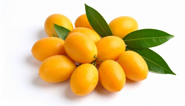 Fresh ripe marian plum with leaves isolated on white background