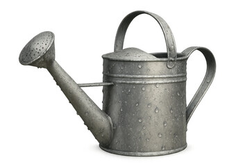 Classic metal watering can glistening with water droplets, isolated on a transparent background, ready for garden use