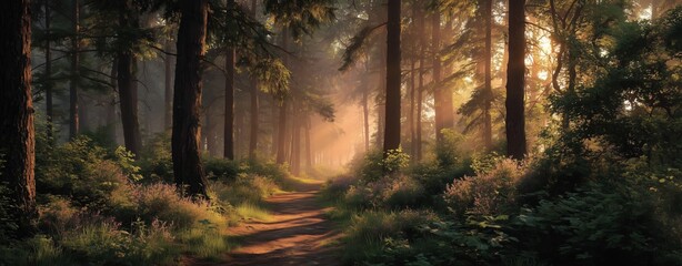 Naklejka premium Serene forest path illuminated by soft sunlight. Radiant energy passage.