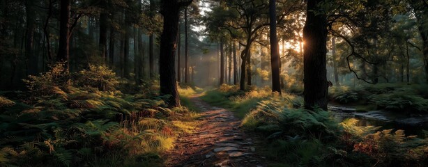 Fototapeta premium Serene forest path illuminated by soft sunlight. Radiant energy passage.