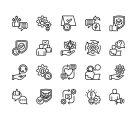 Enhanced customer support icon collection set. Containing assistance, helpdesk, service, satisfaction, resolution, feedback, response icon. Simple line vector illustration.