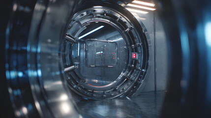 Futuristic circular airlock gate leading down a secure metallic corridor in a high-tech facility