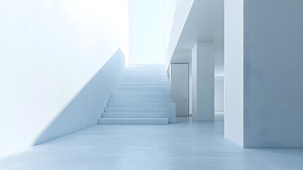 Modern architectural interior with light blue tones and a staircase.