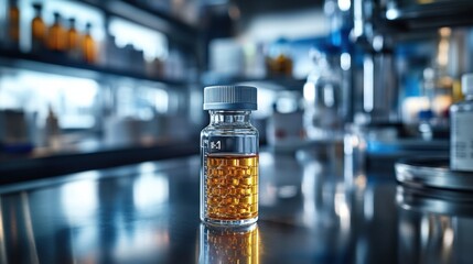 Vial with Amber Liquid in a Laboratory Setting