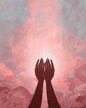 Hands raised towards a glowing light against a textured background. Radiant energy passage.