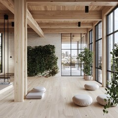 Serene Minimalist Yoga Studio Design with Natural Wood and Greenery