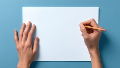 Two hands hold a pencil over a blank sheet of white paper on a light blue surface