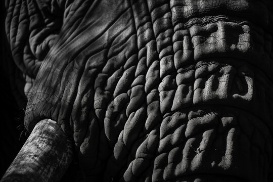 A close-up black and white image of elephant skin showcases the texture, wrinkles, and patterns. Part of a tusk is visible in the shadows, enhancing the animal's presence.
