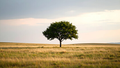 Isolated tree in a field with gentle lighting and pale sky backdrop.