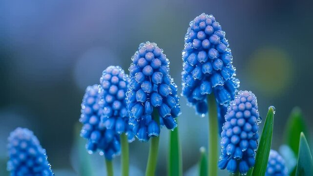 Enchanting Muscari Armeniacum Blooms Adorned with Sparkling Dew Drops in Spring