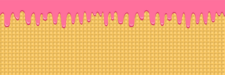 Pink strawberry cream melted waffle cone vector pattern. Icecream waffle sweet liquid biscuit candy cartoon cream
