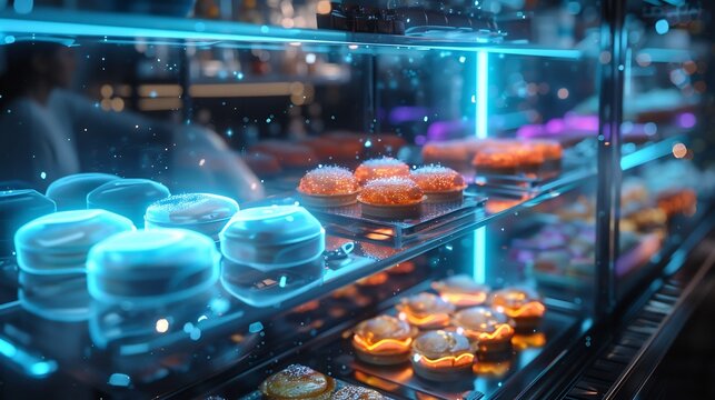 Futuristic bakery display with holographic pastries glowing softly