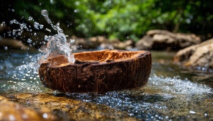 Coconut shell in a stream, water splashes