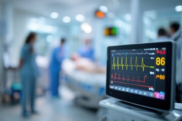 A medical monitor displays vital signs in a blurred operating room; surgical staff attends to a patient on a table