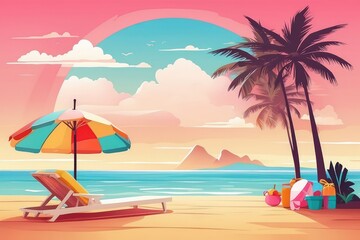 Tropical Summer Beach Illustration with Coconut Drink, Palm Trees, and Sunset

