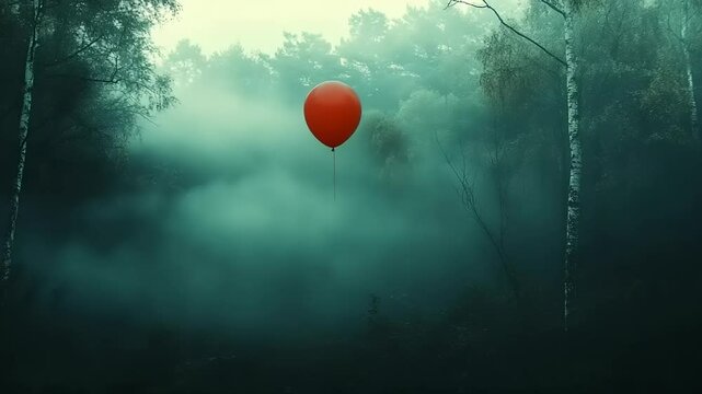 Red balloon floating in misty forest landscape