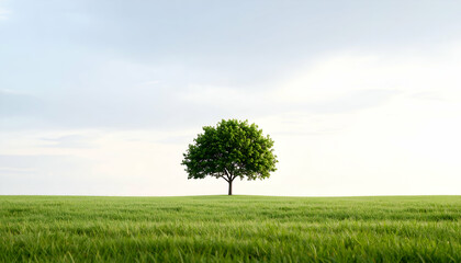 Obraz premium Lone tree standing tall on an open grassy plain beneath a soft, pale sky.