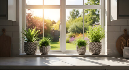 Sunny Kitchen Window with Potted Plants, View of Garden and Nature, Bright Interior Design.