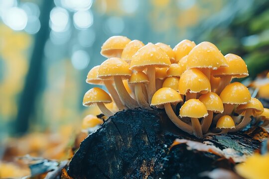Yellow wild mushrooms on tree trunk in forest during autumn season - Powered by Adobe