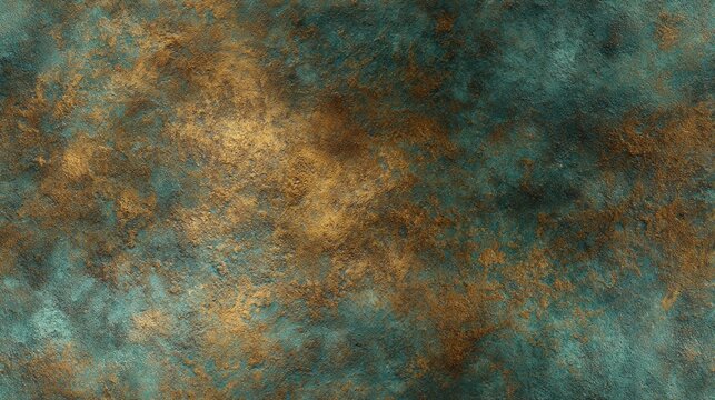 A textured background with a mottled pattern of teal green and bronze-brown colors, resembling aged metal with a patina or a weathered, abstract surface.