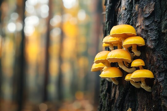 Yellow wild mushrooms on tree trunk in forest during autumn season - Powered by Adobe