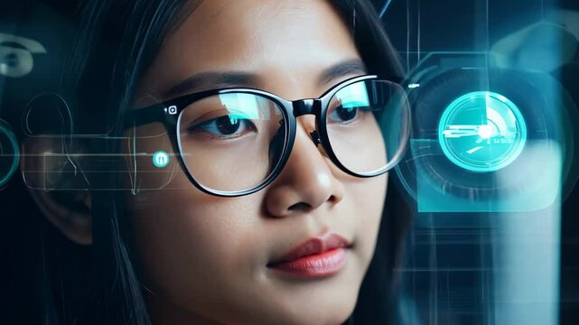 Female Asian programmer's eyes with eyeglasses in front of computer monitor. The glasses reflect a monitor with program codes and analytics. In the air are holographic program codes&nbsp;and&nbsp;analytics.