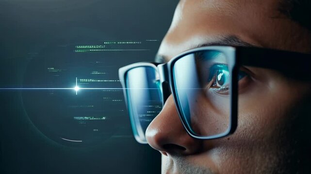 Close-up of a male programmer's eyes with eyeglasses in front of computer monitor. Glasses reflect a monitor with program codes and analytics. In the air are holographic program codes&nbsp;and&nbsp;analytics.