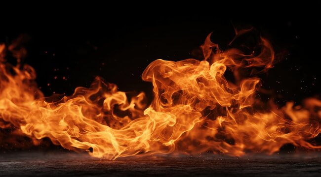 Fiery orange and yellow flames dance against a stark black background, licking a dark gray surface below, embers and sparks scattered amidst the intense heat