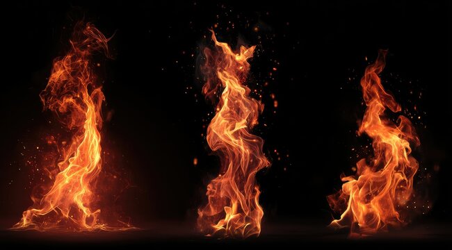 Three vertical flames against a black background, exhibiting varying heights and intensities of orange and red hues, with incandescent embers visible