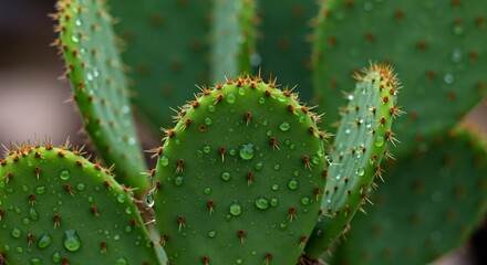 Close up of a vibrant green prickly pear cactus with water droplets glistening on its surface